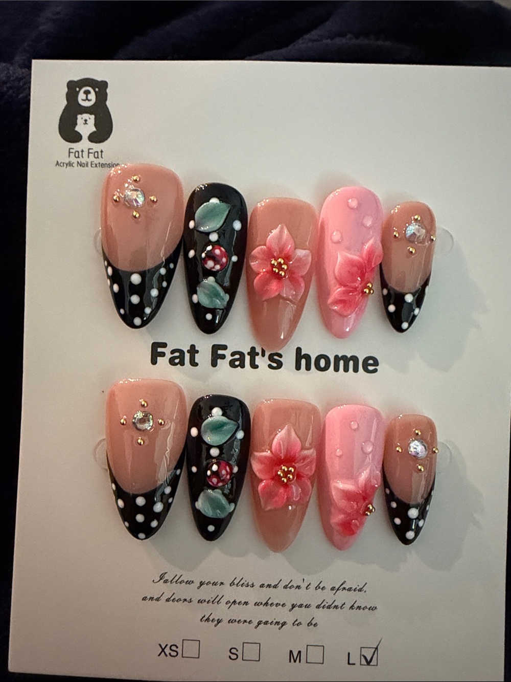 Hand-Painted Floral & Polka Dot Acrylic Nail Set - Pink, Nude & Black